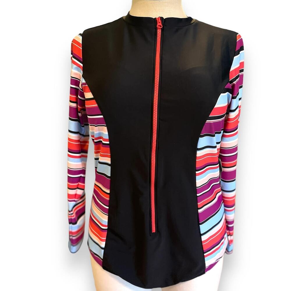 Torrid Black Front Zip Long Sleeve One-Piece with Multicolor Striped Sleeves